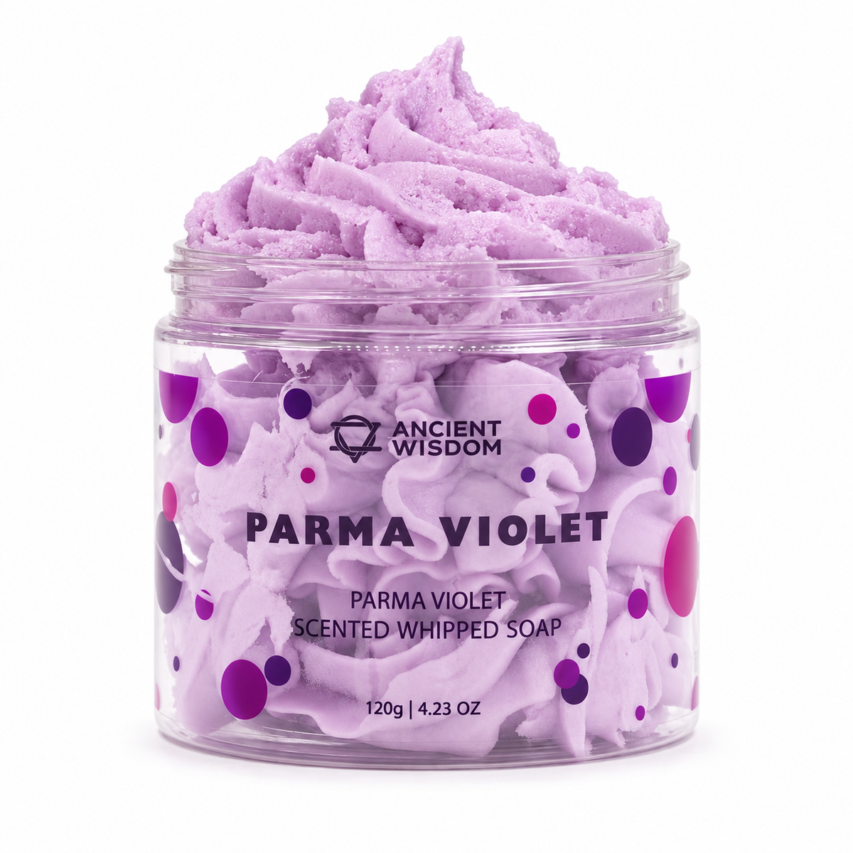 Open jar of Parma Violet Scented Whipped Soap 120g with a soft, creamy lilac whipped texture