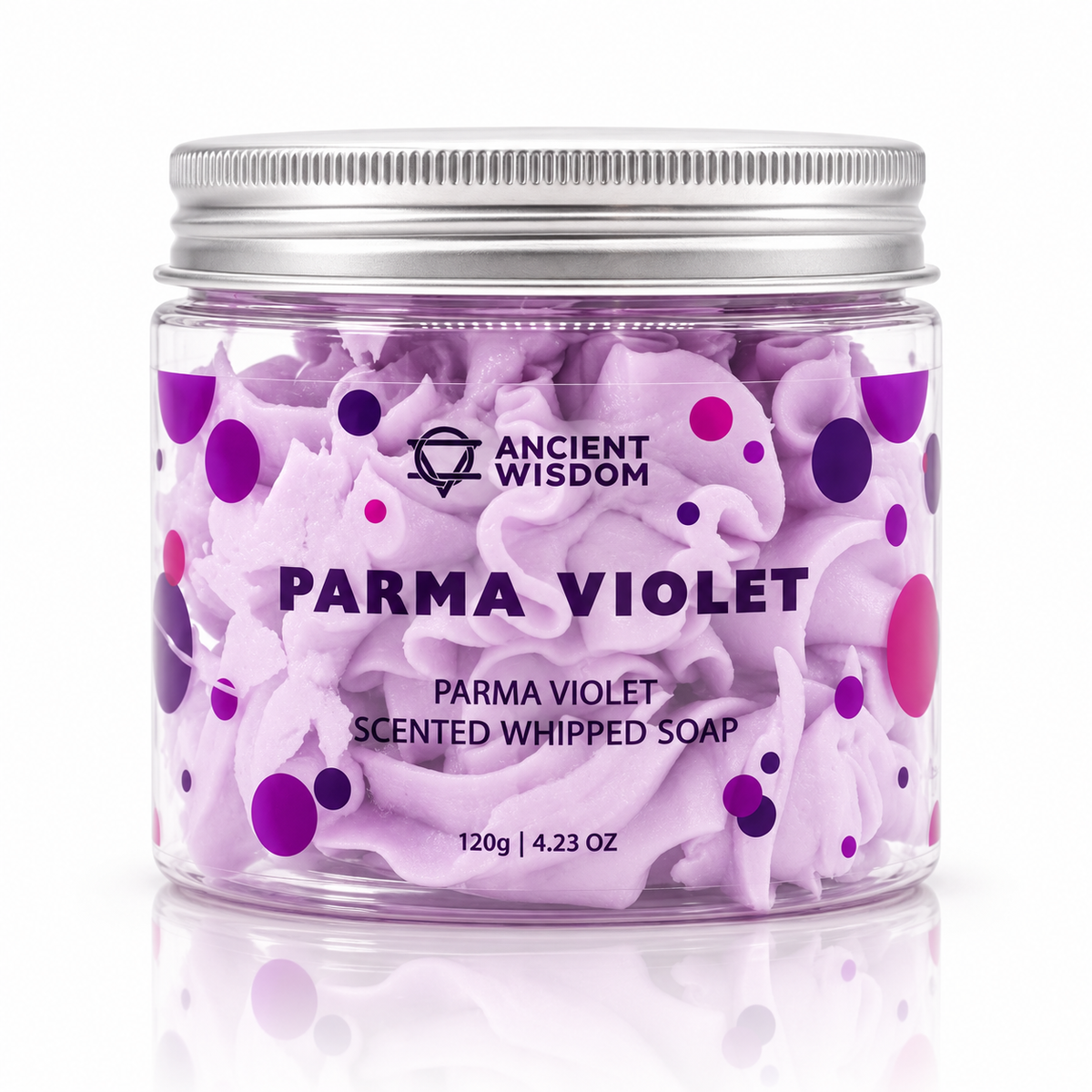 Lumaysa Parma Violet Whipped Cream Soap 120g in clear jar with soft purple whipped texture – vegan floral body cleanser