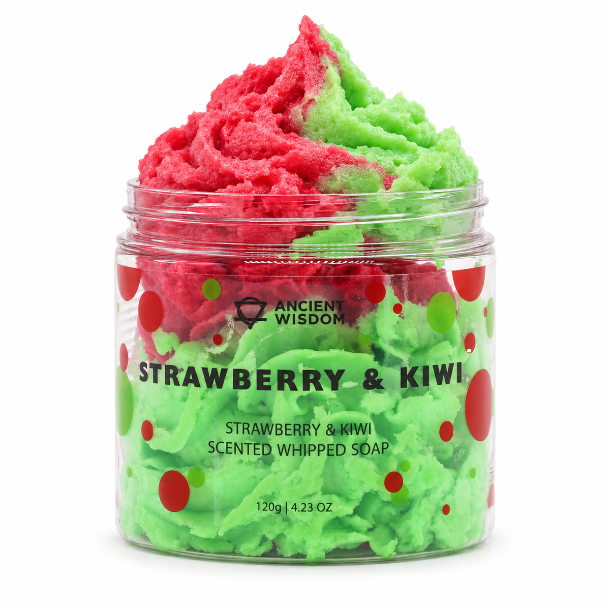 Open jar of Strawberry & Kiwi Scented Whipped Soap with vibrant red and green whipped layers.