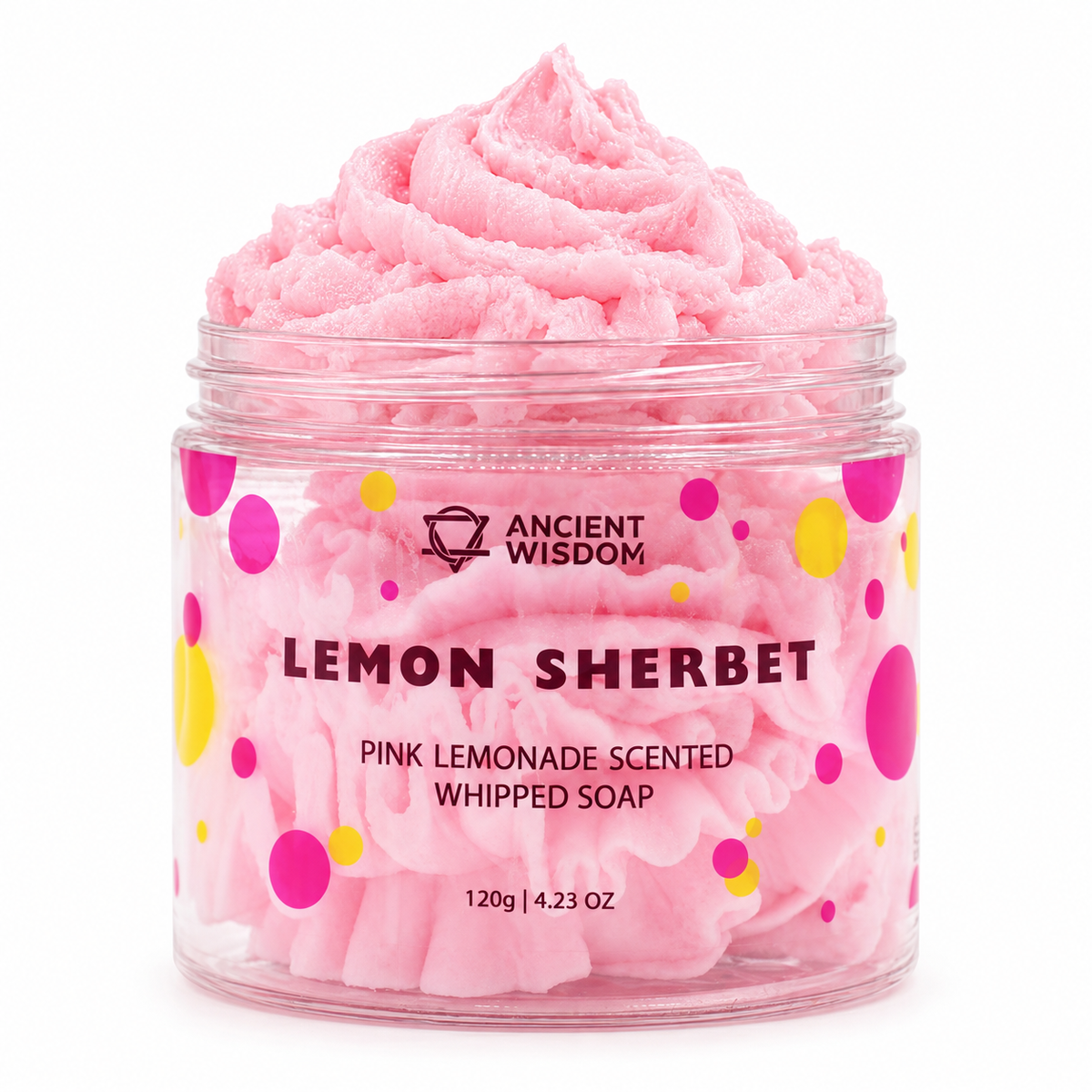 Open jar of pink Lemon Sherbet Whipped Soap with a soft, creamy Pink Lemonade texture.
Lumaysa Pink Lemonade Whipped Soap 120g with soft, pink whipped texture