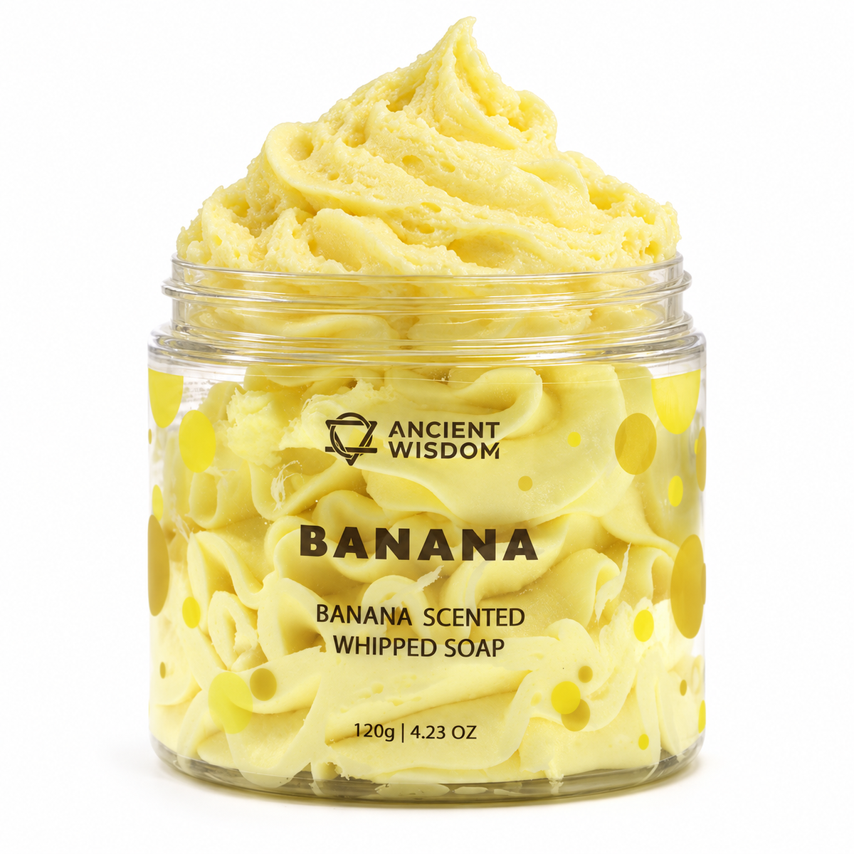 Open jar of Banana Scented Whipped Soap 120g with a soft, creamy yellow whipped texture