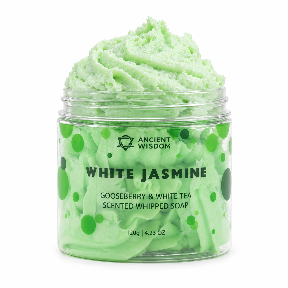 Open jar of pale green White Jasmine Whipped Soap scented with Gooseberry and White Tea.
