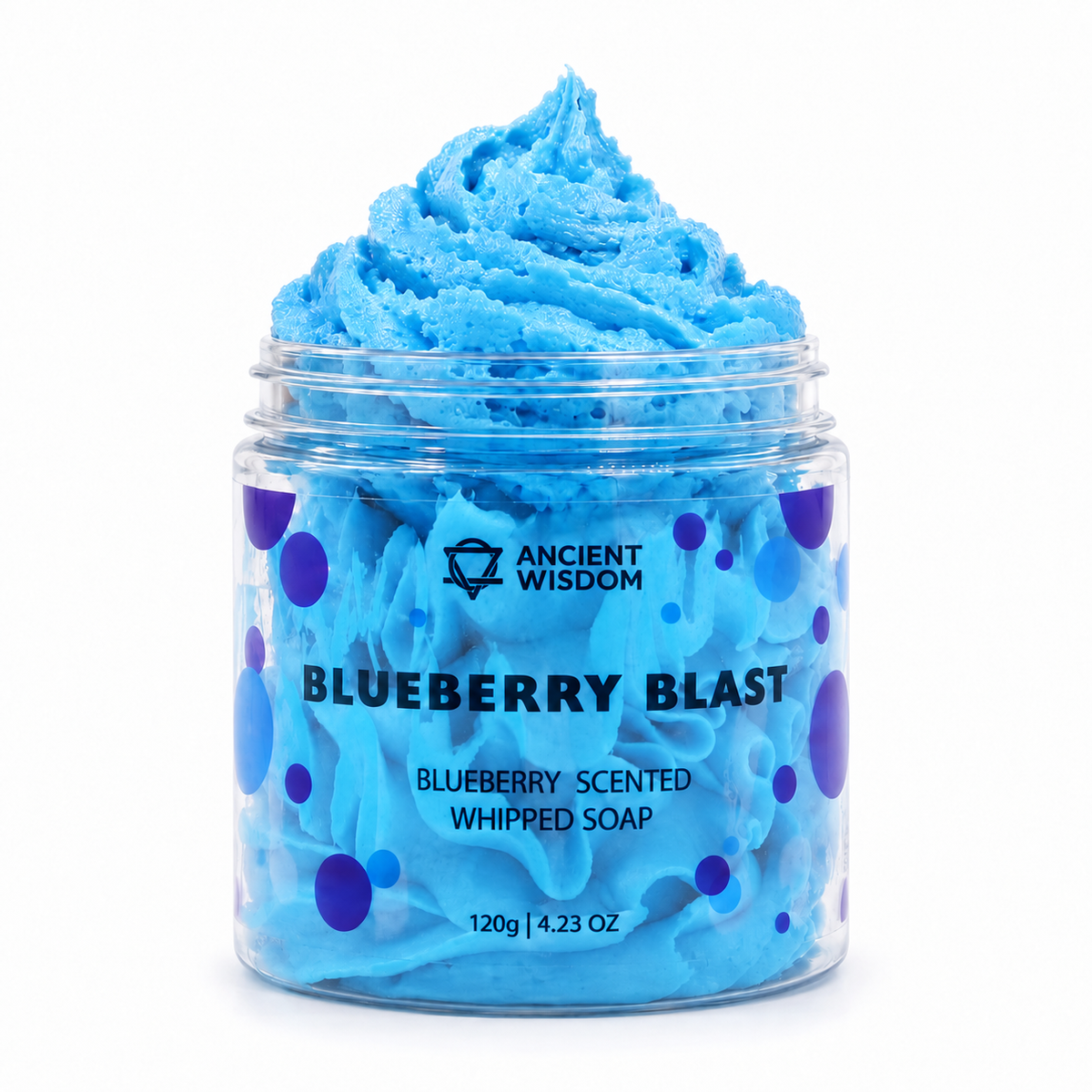 Open jar of bright blue Blueberry Blast Whipped Soap with Ancient Wisdom branding on a clean white background.