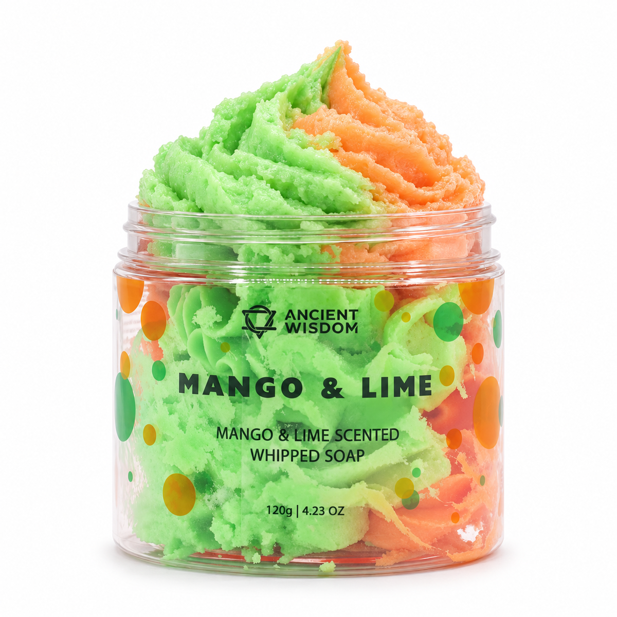 Open jar of two-tone green and orange Mango & Lime Whipped Soap with clear Ancient Wisdom branding on a clean white background.