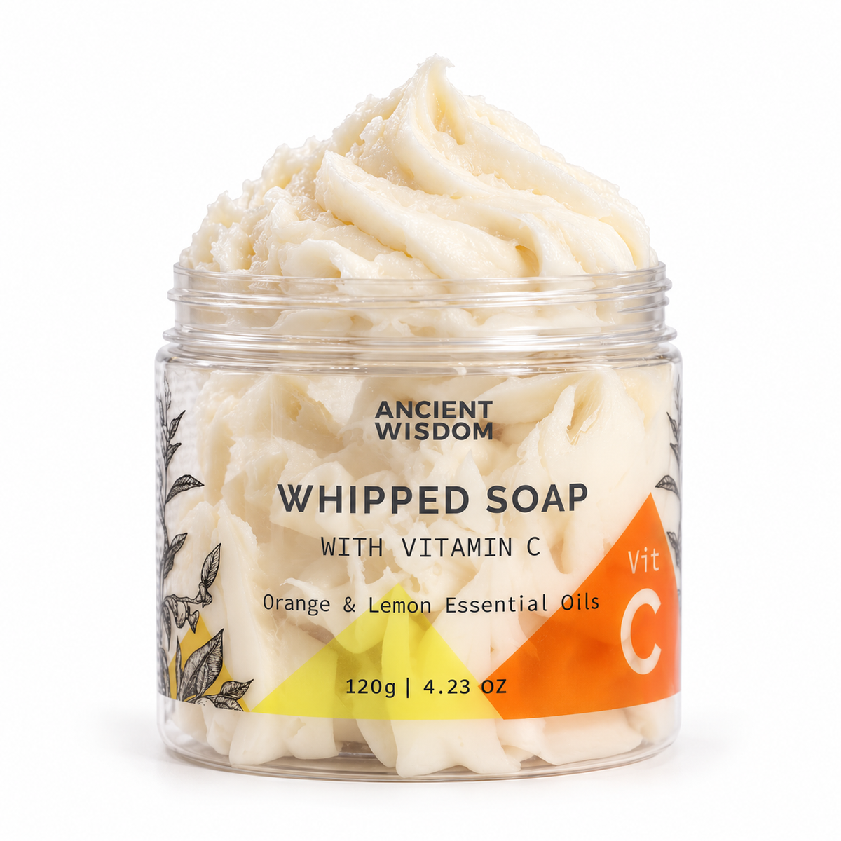 Ancient Wisdom Aromatherapy Whipped Soap with Vitamin C and orange and lemon essential oils in an open jar on a clean white background.
