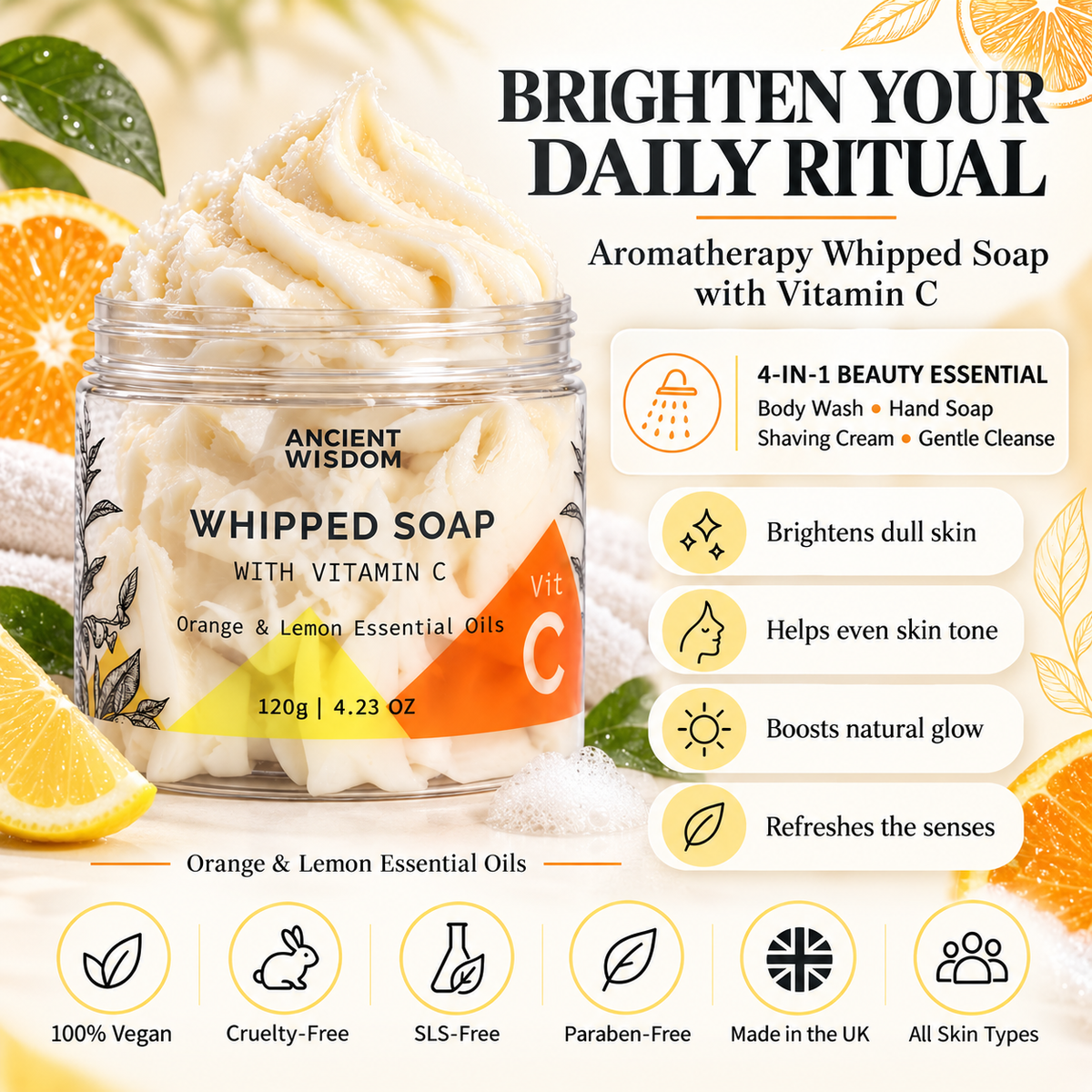 Vitamin C Aromatherapy Whipped Soap infographic highlighting its four-in-one uses, brightening benefits, orange and lemon essential oils, and vegan, cruelty-free formula.