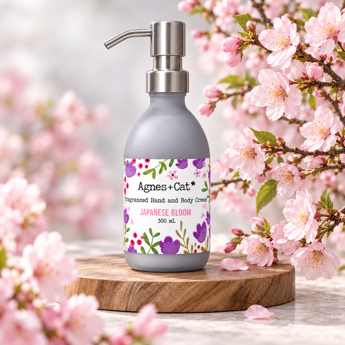 Agnes + Cat Japanese Bloom Hand and Body Cream 300ml displayed on a wooden pedestal with pink cherry blossoms