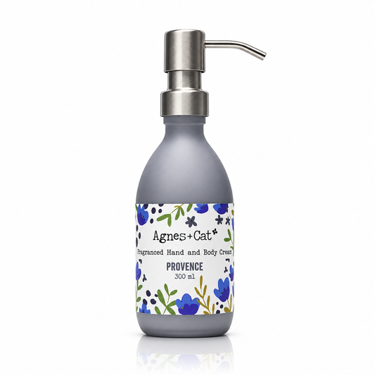 Agnes + Cat Provence Fragranced Hand and Body Cream in a 300ml grey bottle with a silver pump
