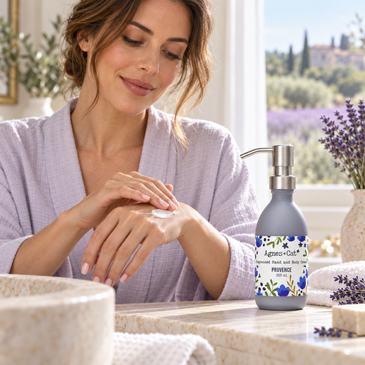 Woman applying Agnes + Cat Provence Hand and Body Cream beside the 300ml pump bottle in a sunlit lavender-inspired bathroom