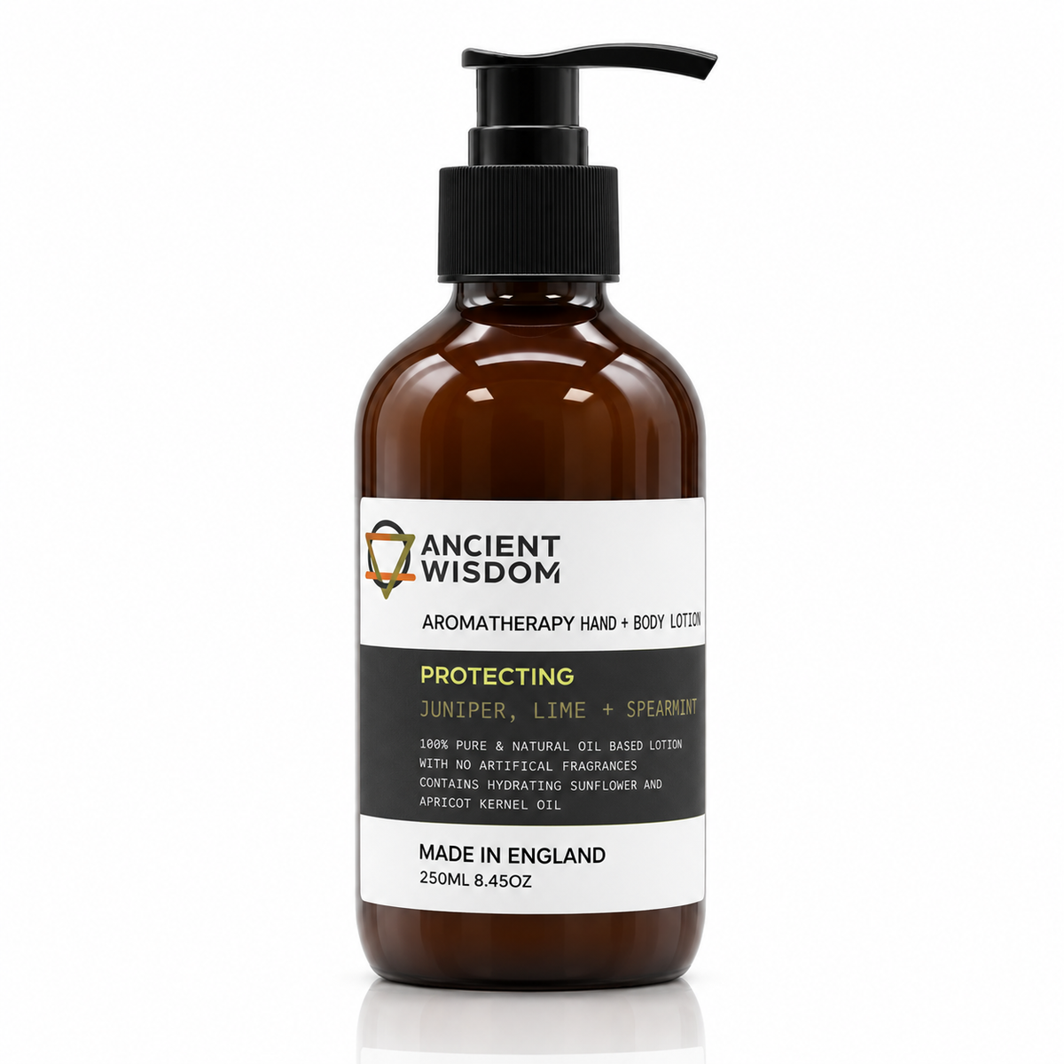 Ancient Wisdom Protecting Aromatherapy Hand and Body Lotion 250ml with juniper, lime and spearmint in an amber pump bottle.