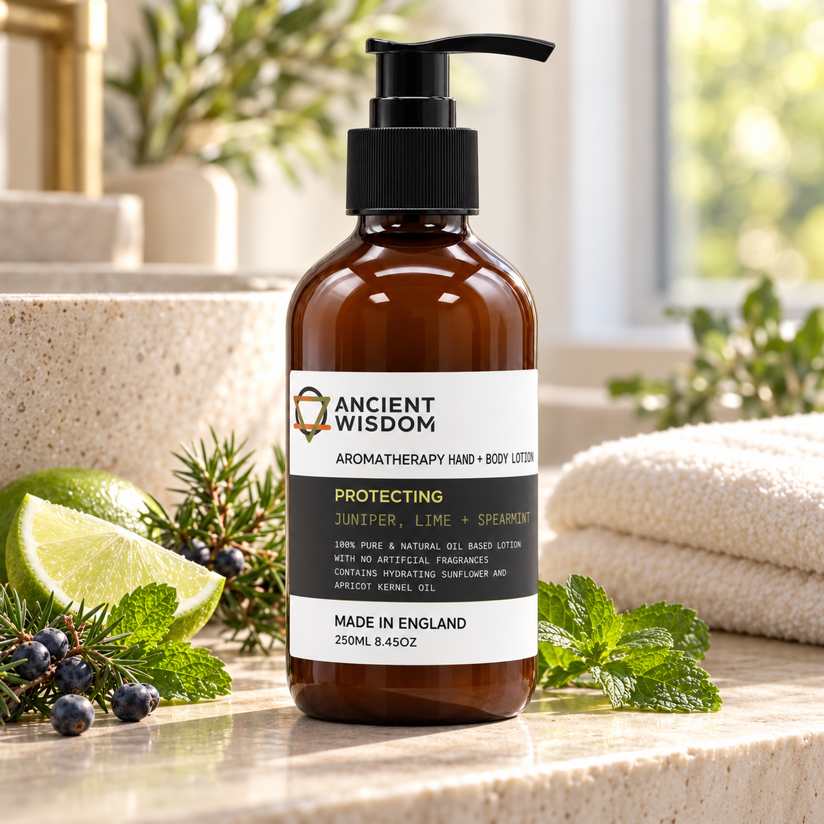 Ancient Wisdom Protecting Aromatherapy Hand and Body Lotion 250ml styled with fresh juniper berries, lime and spearmint in a bright spa bathroom.