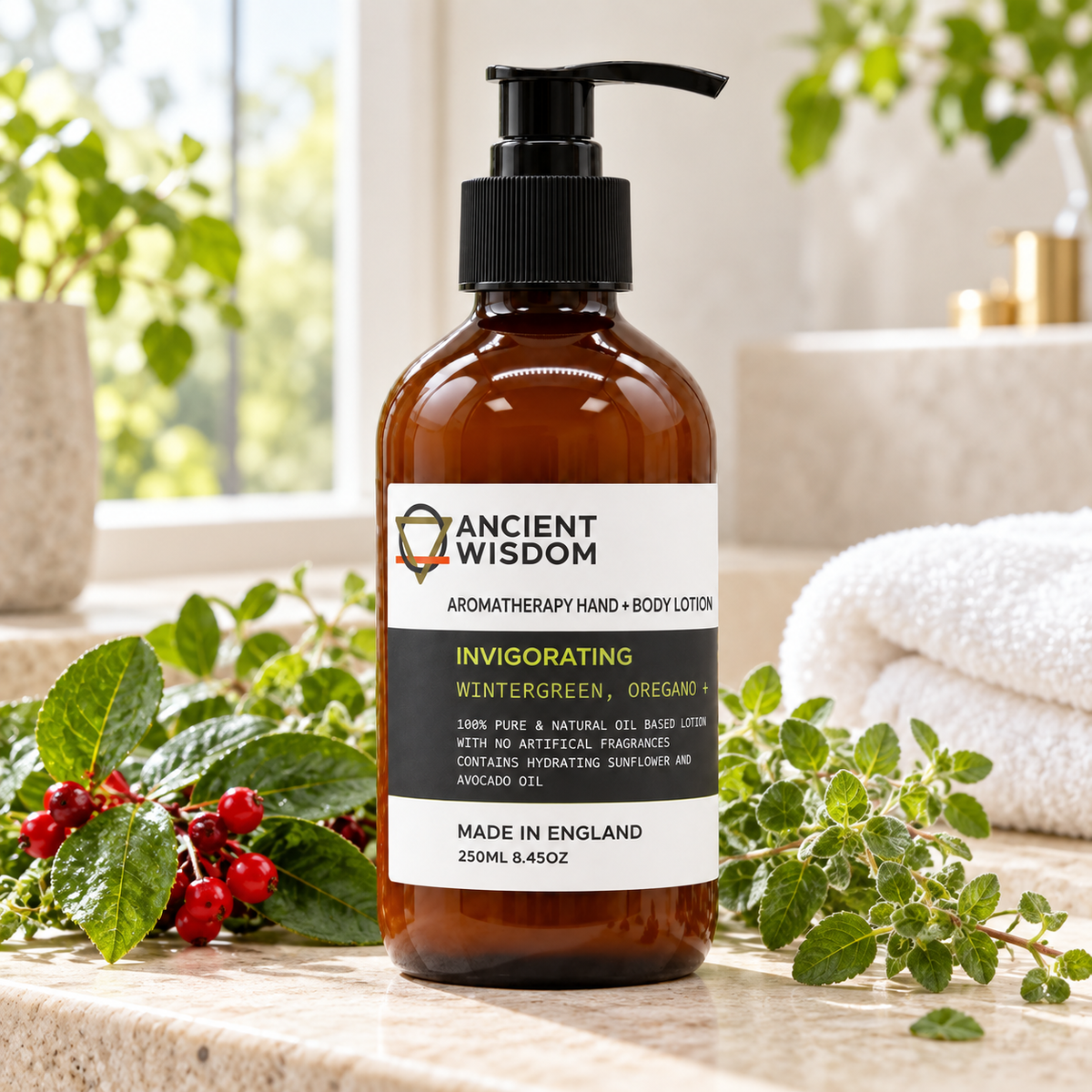 Ancient Wisdom Invigorating Aromatherapy Hand and Body Lotion 250ml styled with fresh wintergreen berries and oregano in a bright spa bathroom.