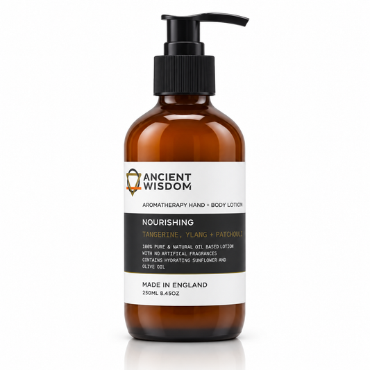 Ancient Wisdom Nourishing Aromatherapy Hand & Body Lotion 250ml with Tangerine, Ylang and Patchouli in an amber pump bottle.