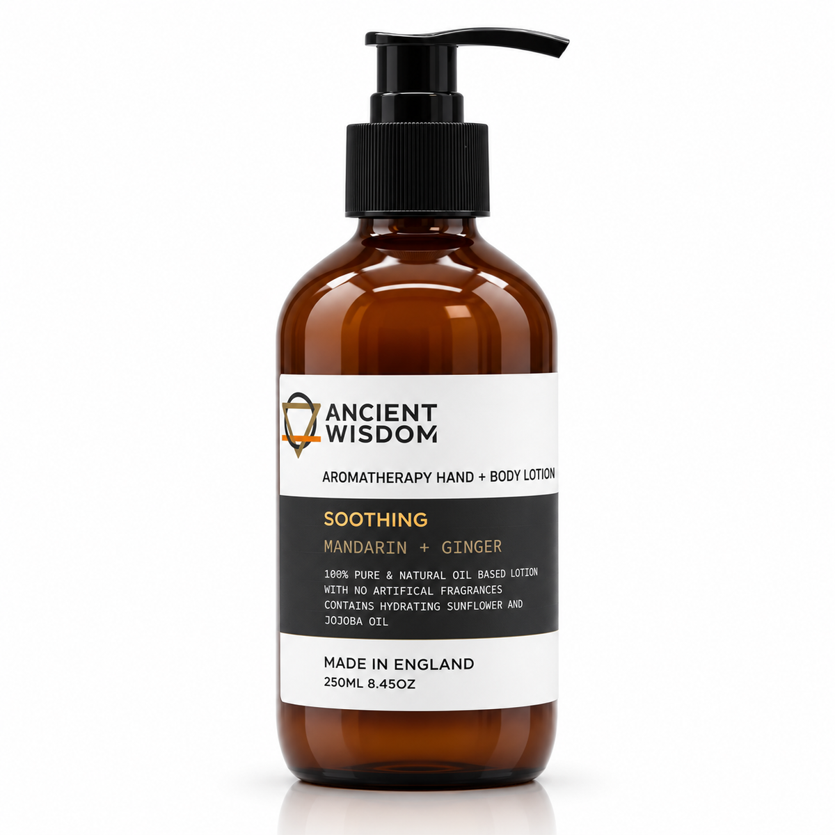 Ancient Wisdom Soothing Aromatherapy Hand & Body Lotion with Mandarin and Ginger in a 250ml amber glass pump bottle.