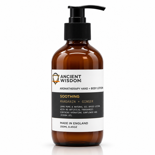 Ancient Wisdom Soothing Aromatherapy Hand & Body Lotion with Mandarin and Ginger in a 250ml amber glass pump bottle.