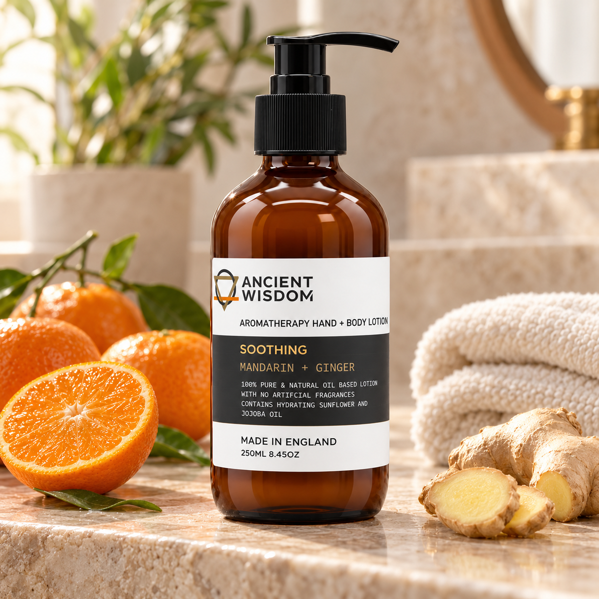 Ancient Wisdom Soothing Hand & Body Lotion with Mandarin and Ginger, displayed with fresh mandarins, ginger root and soft towels in a warm spa setting.