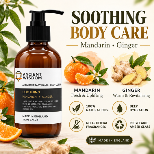 Ancient Wisdom Soothing Hand & Body Lotion infographic featuring Mandarin and Ginger, with natural oils, deep hydration, no artificial fragrances and recyclable amber glass packaging.