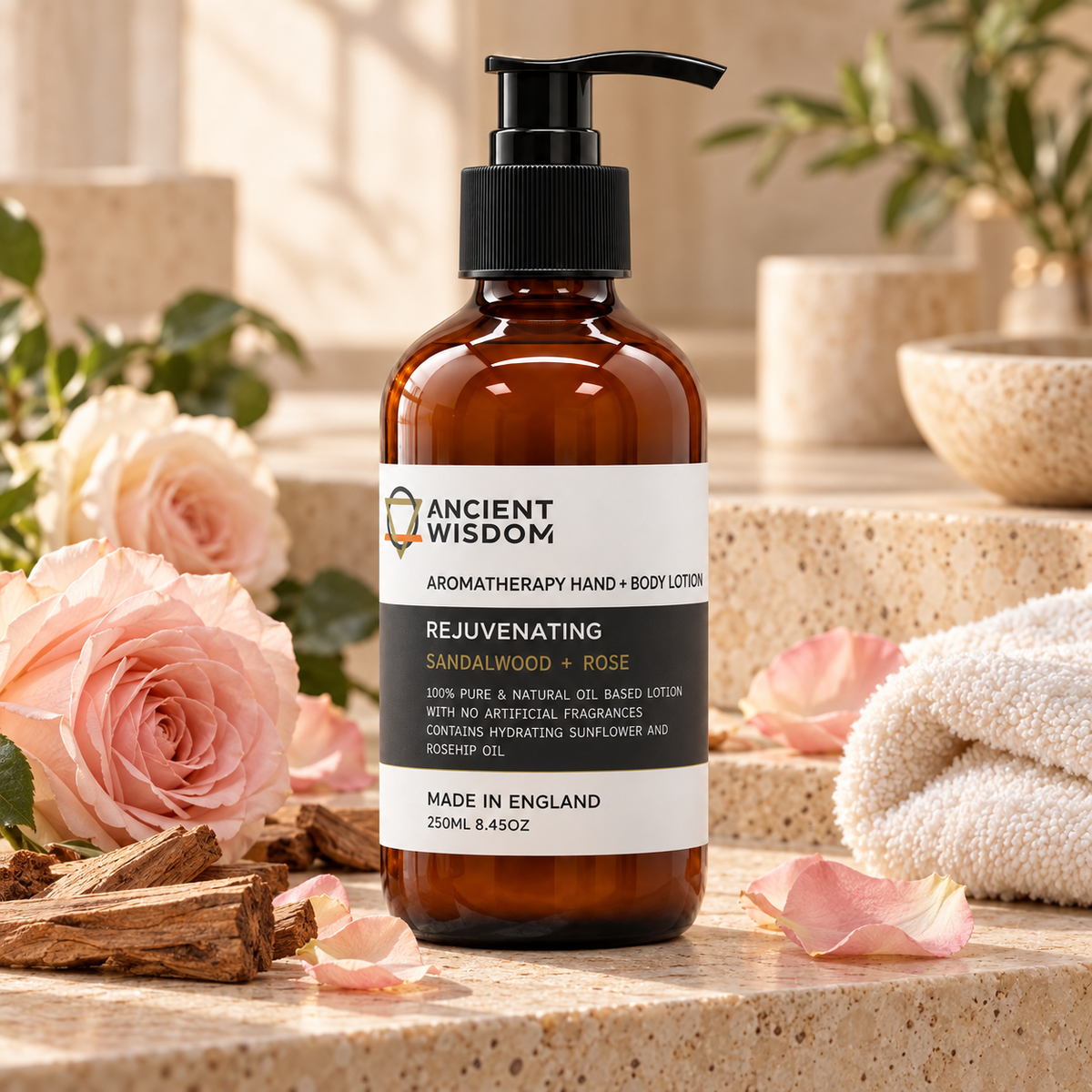 Ancient Wisdom Rejuvenating Hand & Body Lotion with Sandalwood and Rose, displayed with blush roses, sandalwood and soft towels in an elegant spa setting.