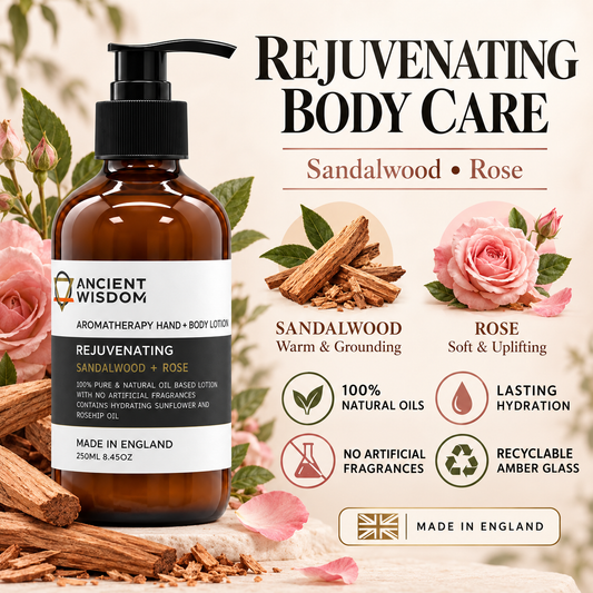 Ancient Wisdom Rejuvenating Hand & Body Lotion infographic featuring Sandalwood and Rose, natural oils, lasting hydration and recyclable amber glass packaging.