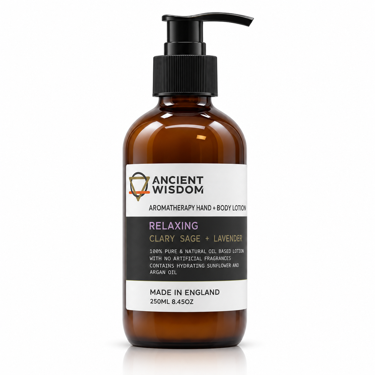 Ancient Wisdom Relaxing Aromatherapy Hand & Body Lotion with Clary Sage and Lavender in a 250ml amber glass pump bottle.