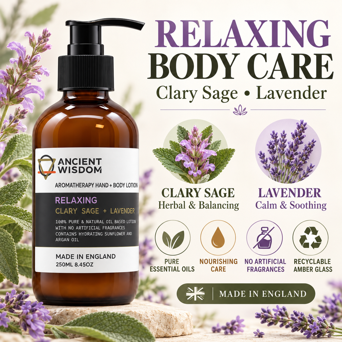 Ancient Wisdom Relaxing Hand & Body Lotion infographic featuring Clary Sage and Lavender, pure essential oils, nourishing care and recyclable amber glass packaging.