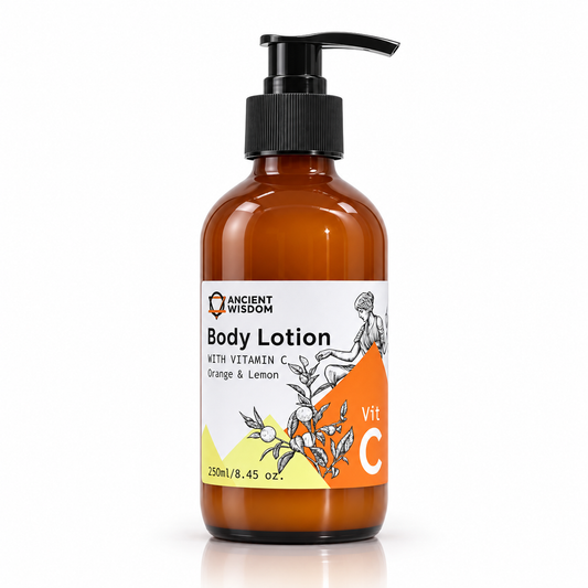 Ancient Wisdom Vitamin C Body Lotion with Orange and Lemon in a 250ml amber glass pump bottle.