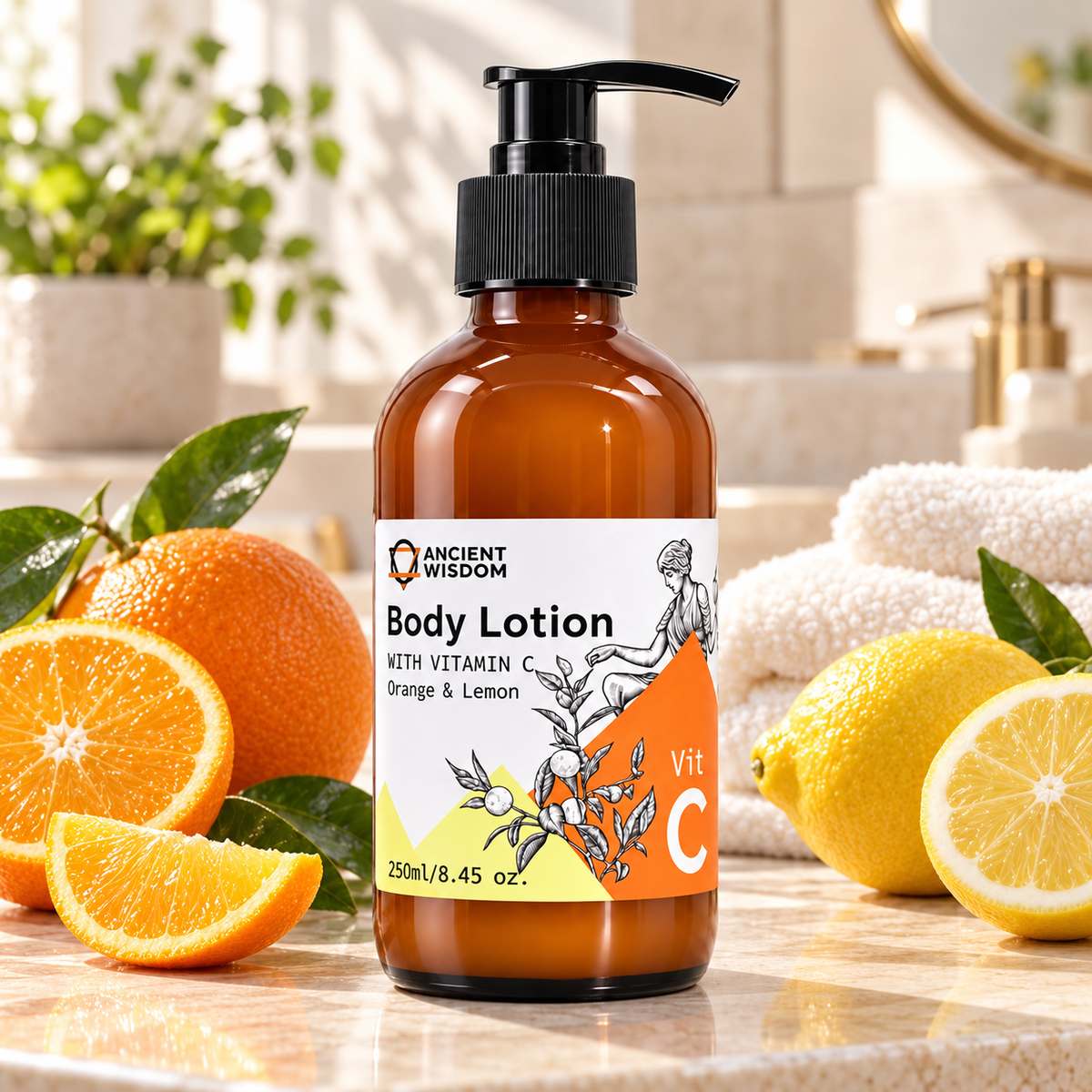 Ancient Wisdom Vitamin C Orange & Lemon Body Lotion in an amber pump bottle, styled with fresh oranges, lemons and soft towels in a sunlit spa bathroom.