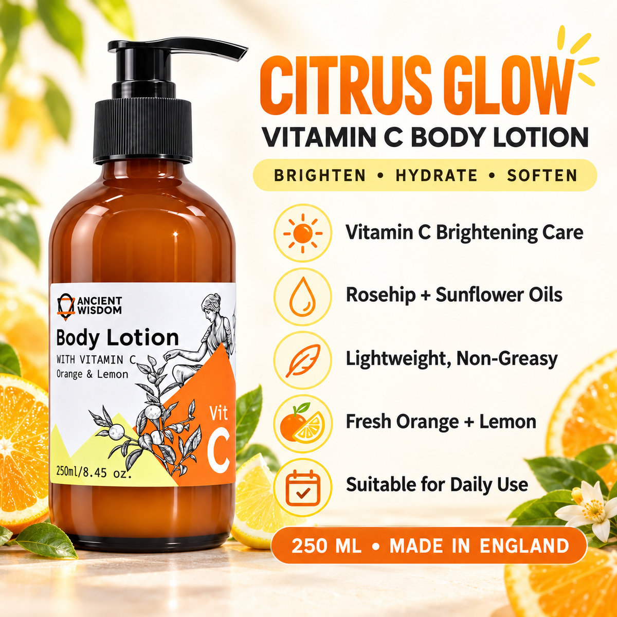Ancient Wisdom Vitamin C Orange & Lemon Body Lotion infographic featuring an amber pump bottle with brightening, hydrating, lightweight and daily skincare benefits.