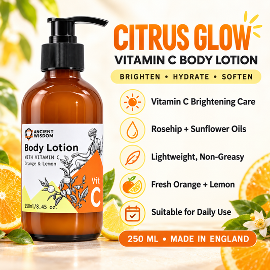 Ancient Wisdom Vitamin C Orange & Lemon Body Lotion infographic featuring an amber pump bottle with brightening, hydrating, lightweight and daily skincare benefits.