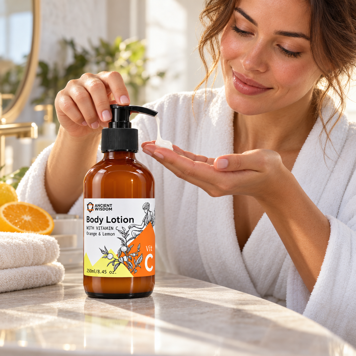 Woman dispensing Ancient Wisdom Vitamin C Orange & Lemon Body Lotion into her palm beside fresh citrus fruits in a bright, sunlit bathroom.