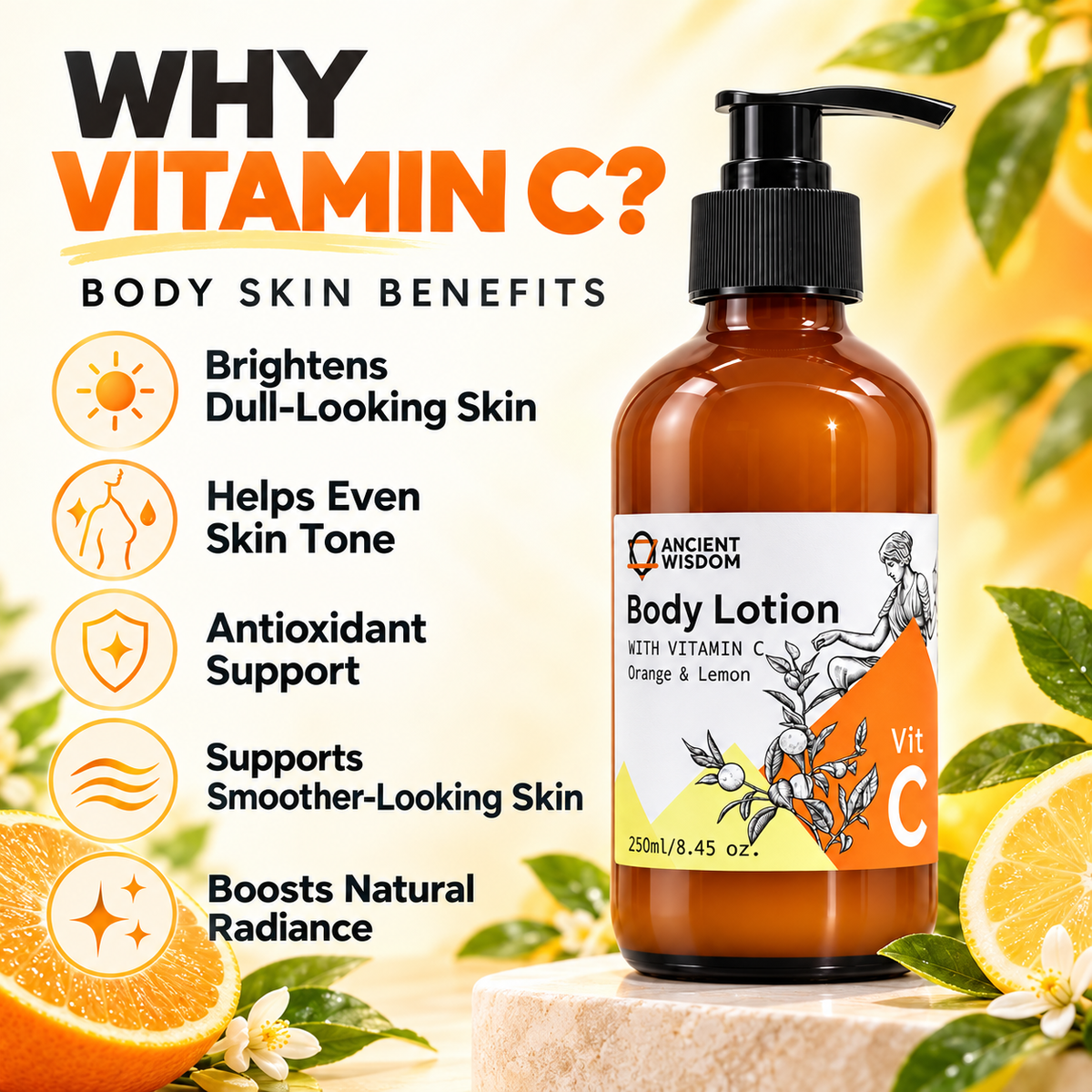 Ancient Wisdom Vitamin C Orange & Lemon Body Lotion infographic highlighting brighter-looking skin, a more even appearance, antioxidant support, smoother-looking skin and natural radiance.