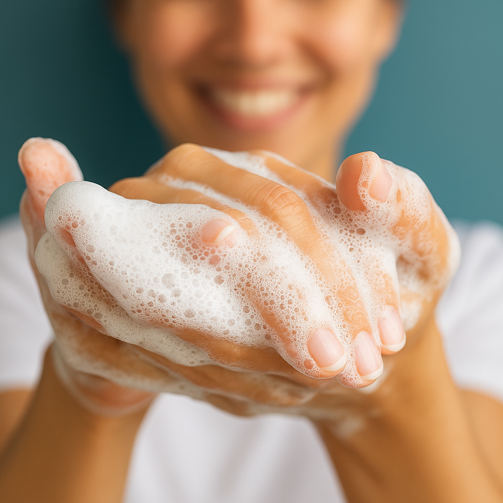 Close-up of hands lathered with rich foam during washing, showing soft, clean skin and a fresh cleansing moment.