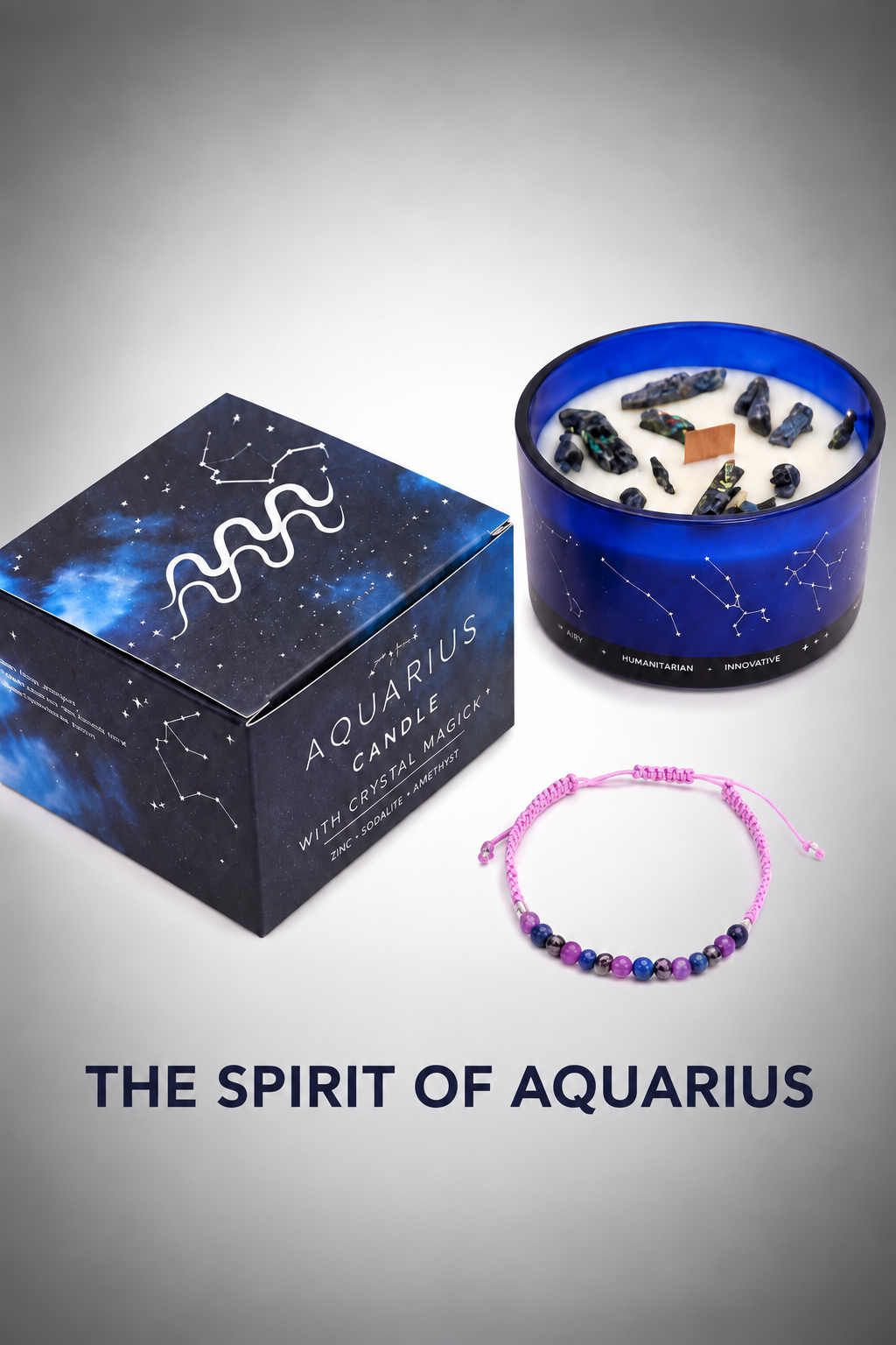 Aquarius Zodiac crystal soy candle with decorative crystals, gemstone bracelet and gift box