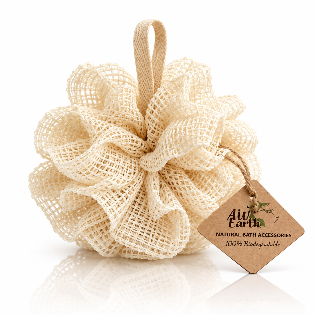 Natural cream ramie shower puff with a hanging loop and AW Earth kraft tag on a white background with a soft reflection.