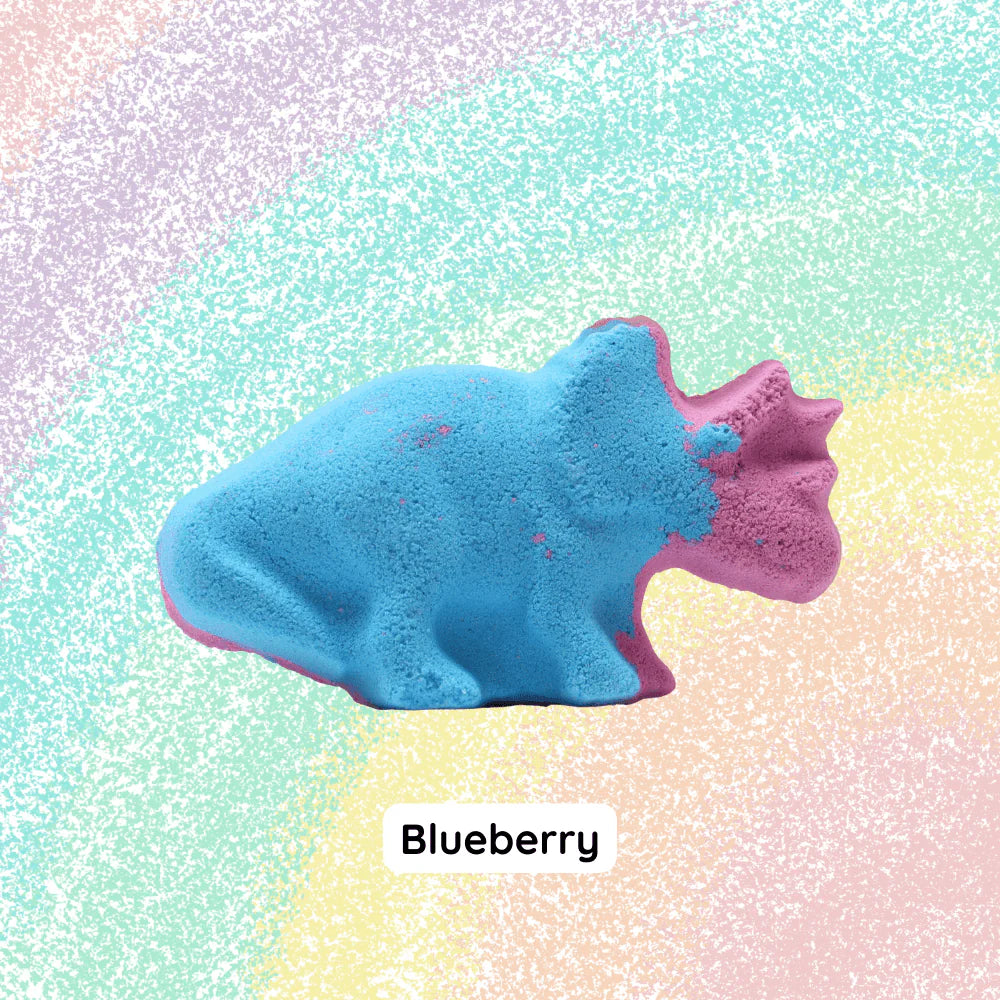 Blueberry dinosaur bath bomb – colourful kids bath product with fruity scent and fun design