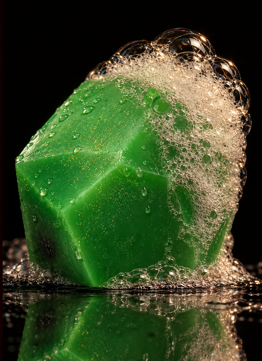 Green crystal-shaped soap with gold flecks, water droplets and natural lather cascading over its upper edge and side on a black reflective surface.