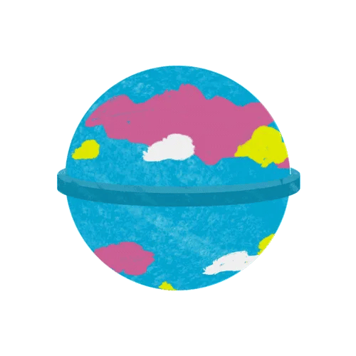 Colourful illustrated bath bomb icon with playful design, representing fruity fragrance and joyful self-care bath experience.