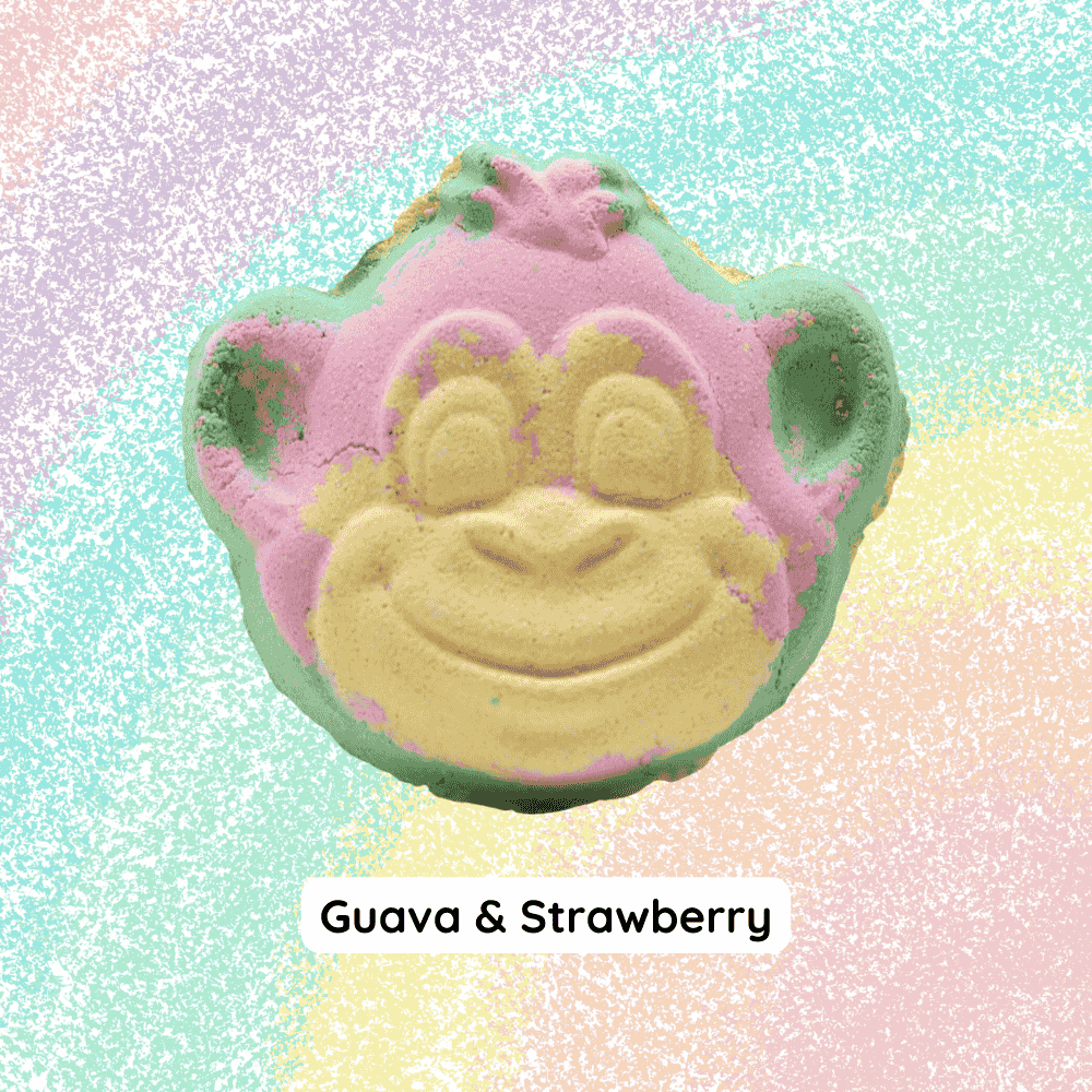 Guava and strawberry monkey bath bomb – colourful kids bath fizz with fruity scent