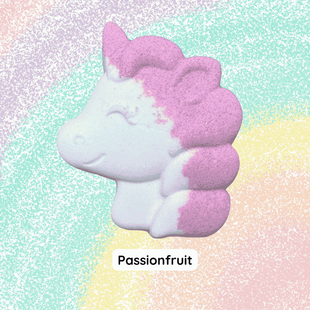 Passion fruit unicorn bath bomb – colourful kids bath fizz with tropical scent