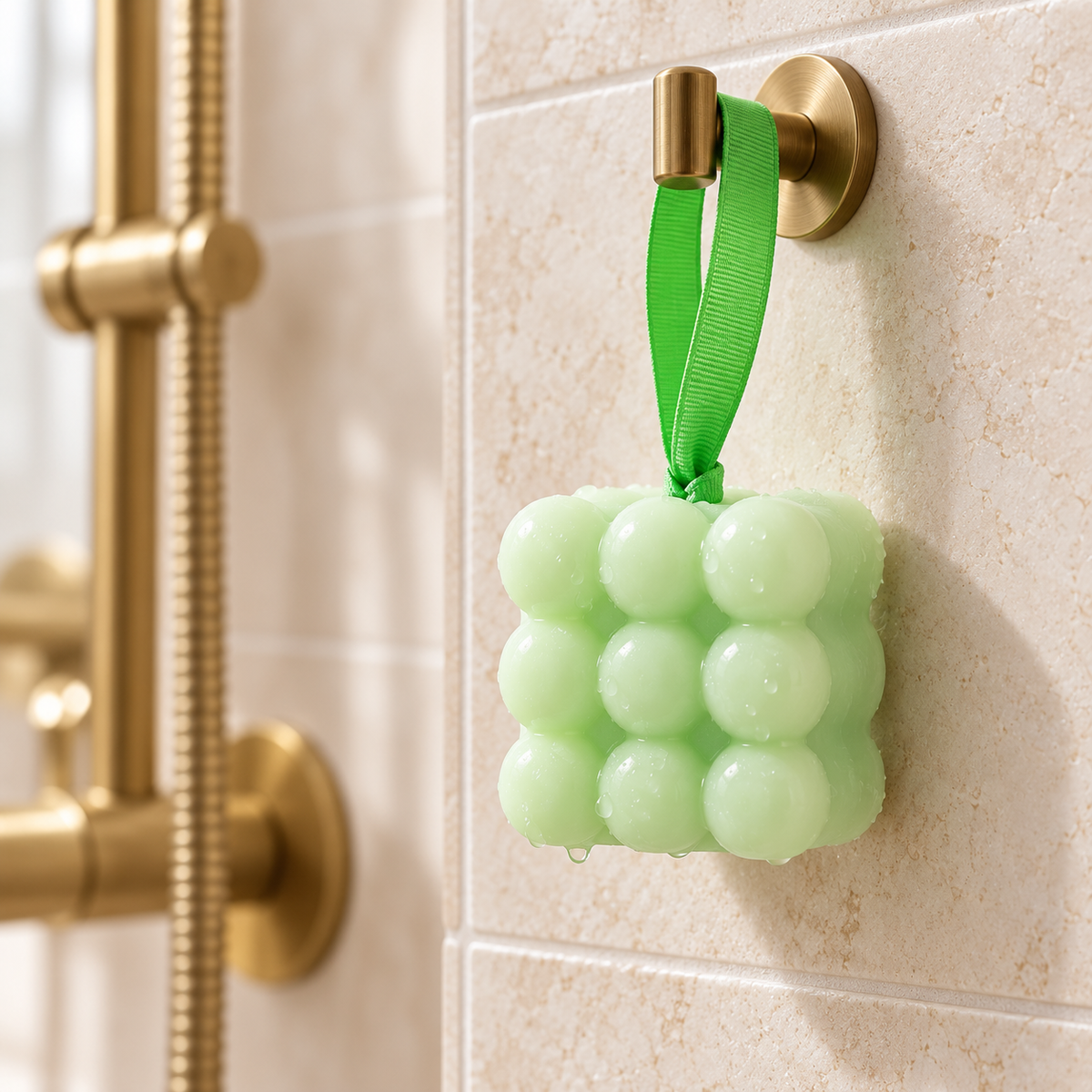 Spearmint and eucalyptus massage soap hanging by its green ribbon from a brass hook against cream shower tiles.