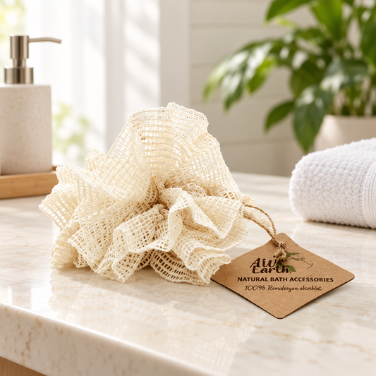 Natural cream ramie shower puff with an AW Earth tag on a bathroom countertop beside a white towel and soap dispenser.