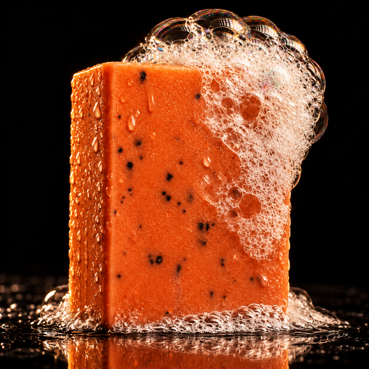 Orange and ginger soap with coffee-ground flecks, water droplets and natural lather cascading over its upper corner on a black reflective surface.