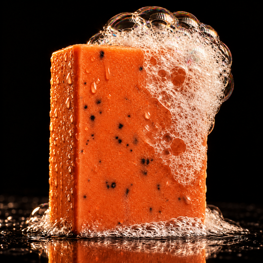 Orange and ginger soap with coffee-ground flecks, water droplets and natural lather cascading over its upper corner on a black reflective surface.