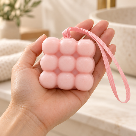 Pastel pink massage soap with nine rounded bumps and a pink hanging ribbon resting in an open hand to show its approximate size.