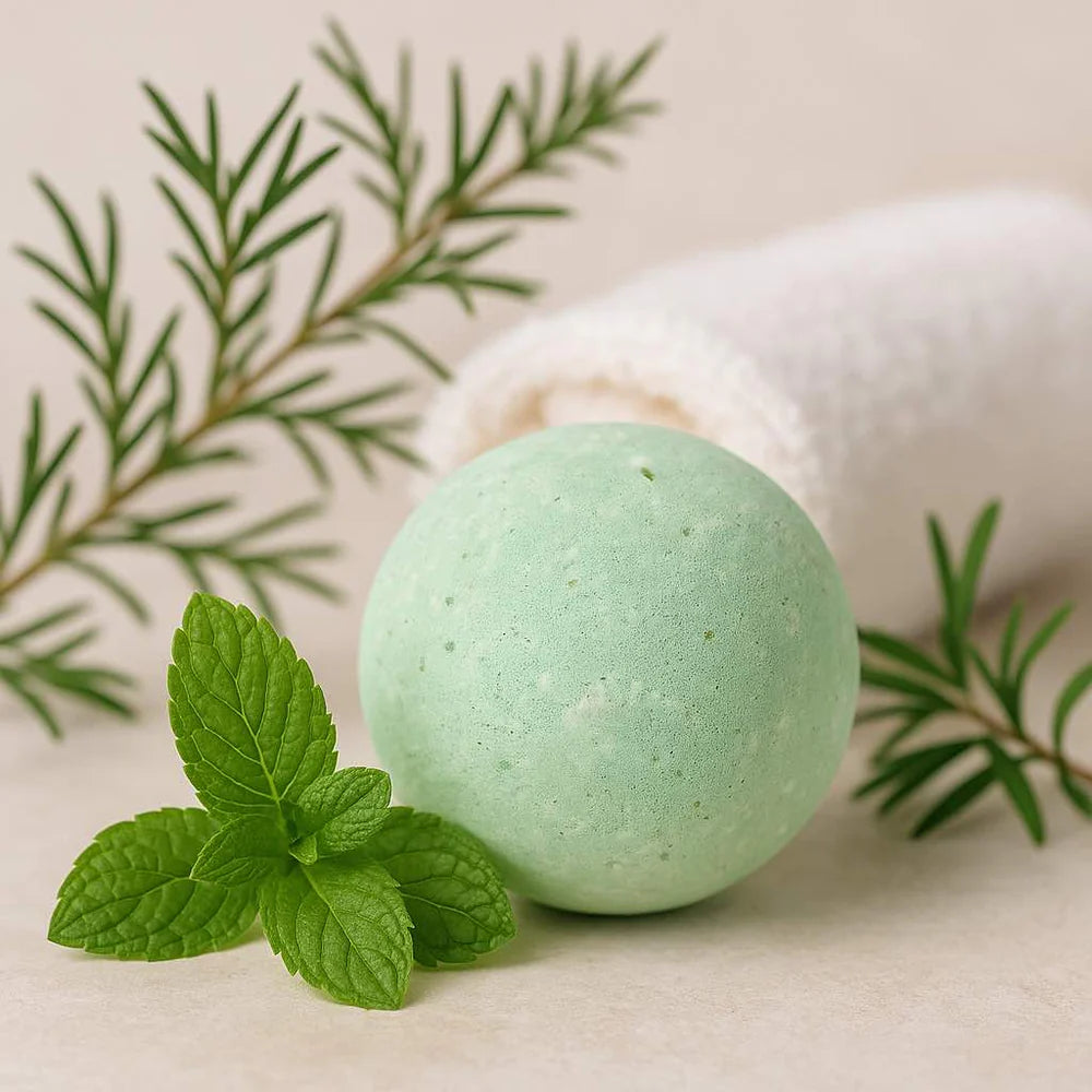 Lumaysa Fresh Mint bath bomb styled with fresh mint leaves and botanical greenery, natural spa aesthetic highlighting peppermint and tea tree aroma