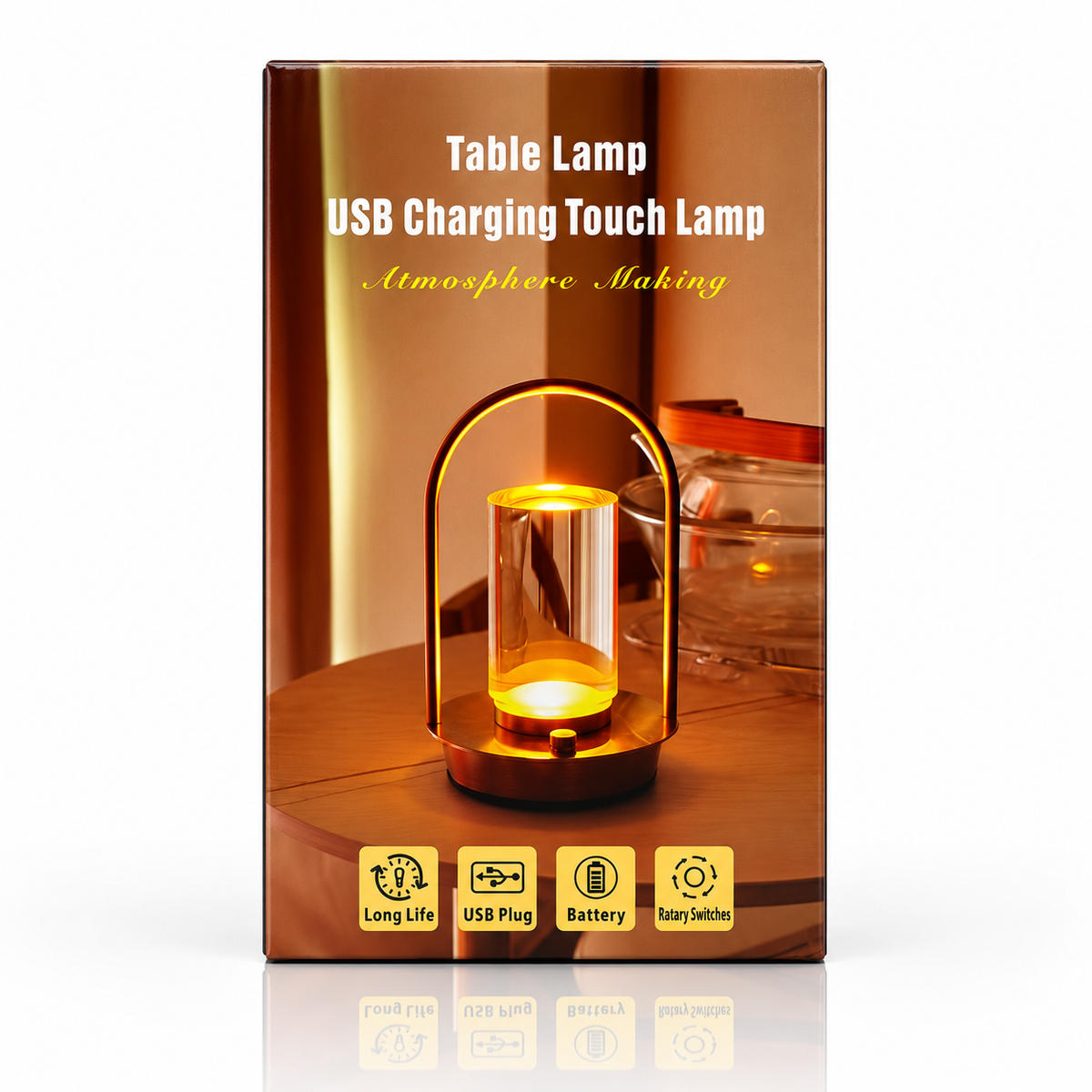 SB charging touch table lamp packaging on a white background with a soft reflection.