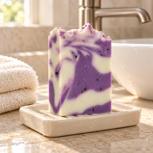 Purple and cream marbled handmade soap bar on a ceramic soap dish beside a bathroom sink, with folded towels and soft natural light.