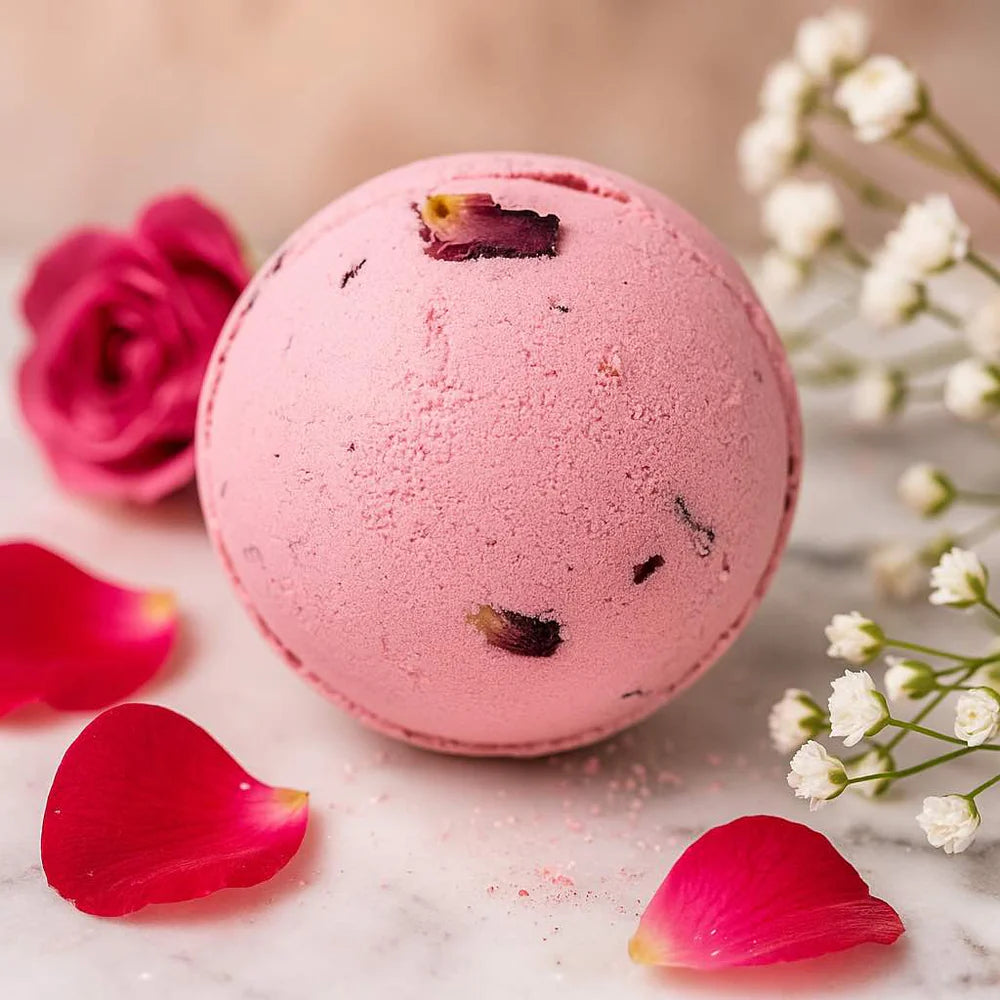 Lumaysa Pink bath bomb with rose petals and flowers on a light background