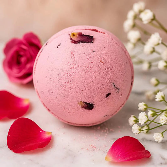 Lumaysa Pink bath bomb with rose petals and flowers on a light background