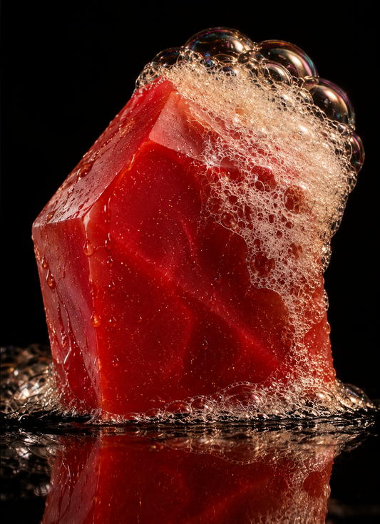 Red crystal-shaped soap with water droplets and natural lather cascading over its upper edge and side on a black reflective surface.